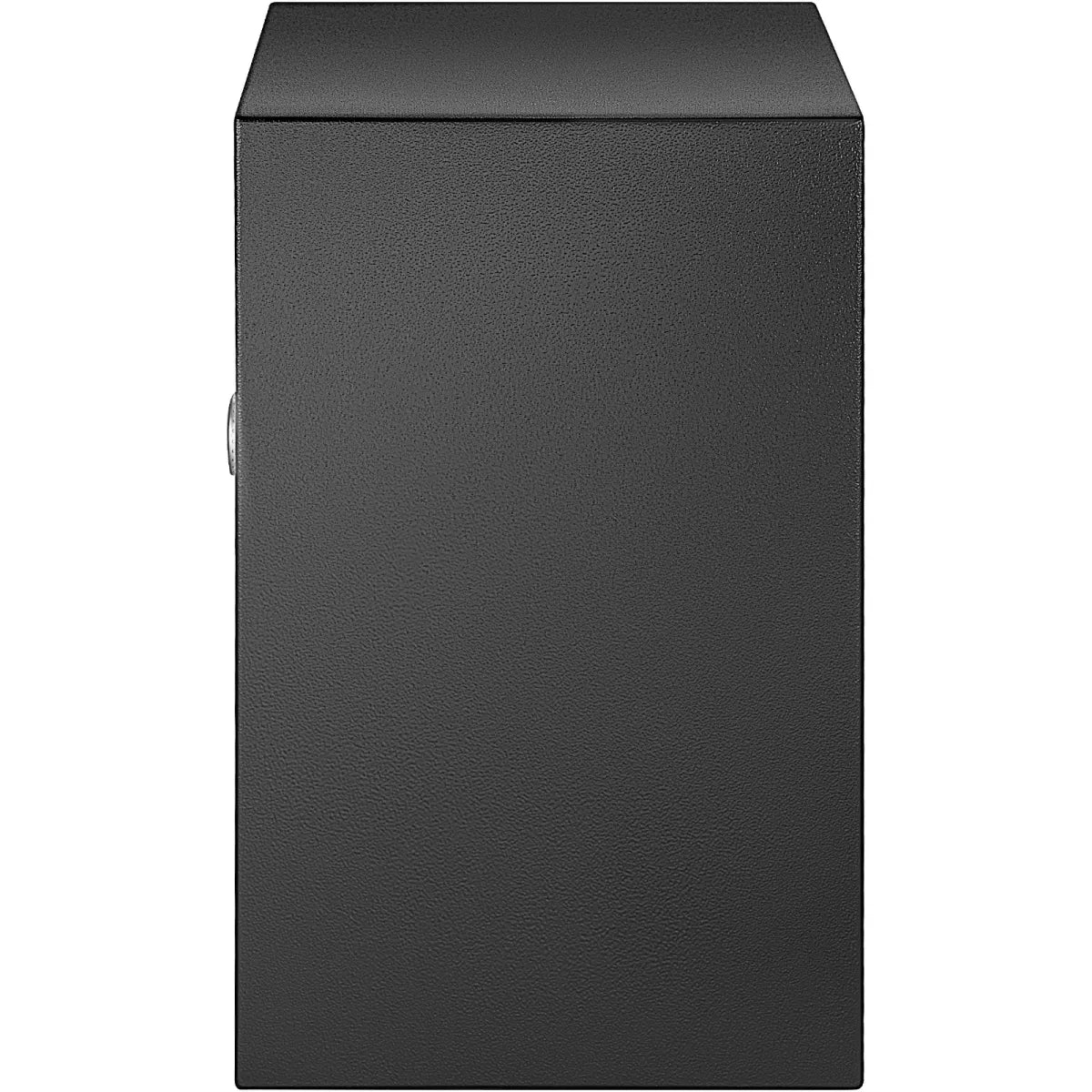Biometric safe side angle view showing concealed hinges
