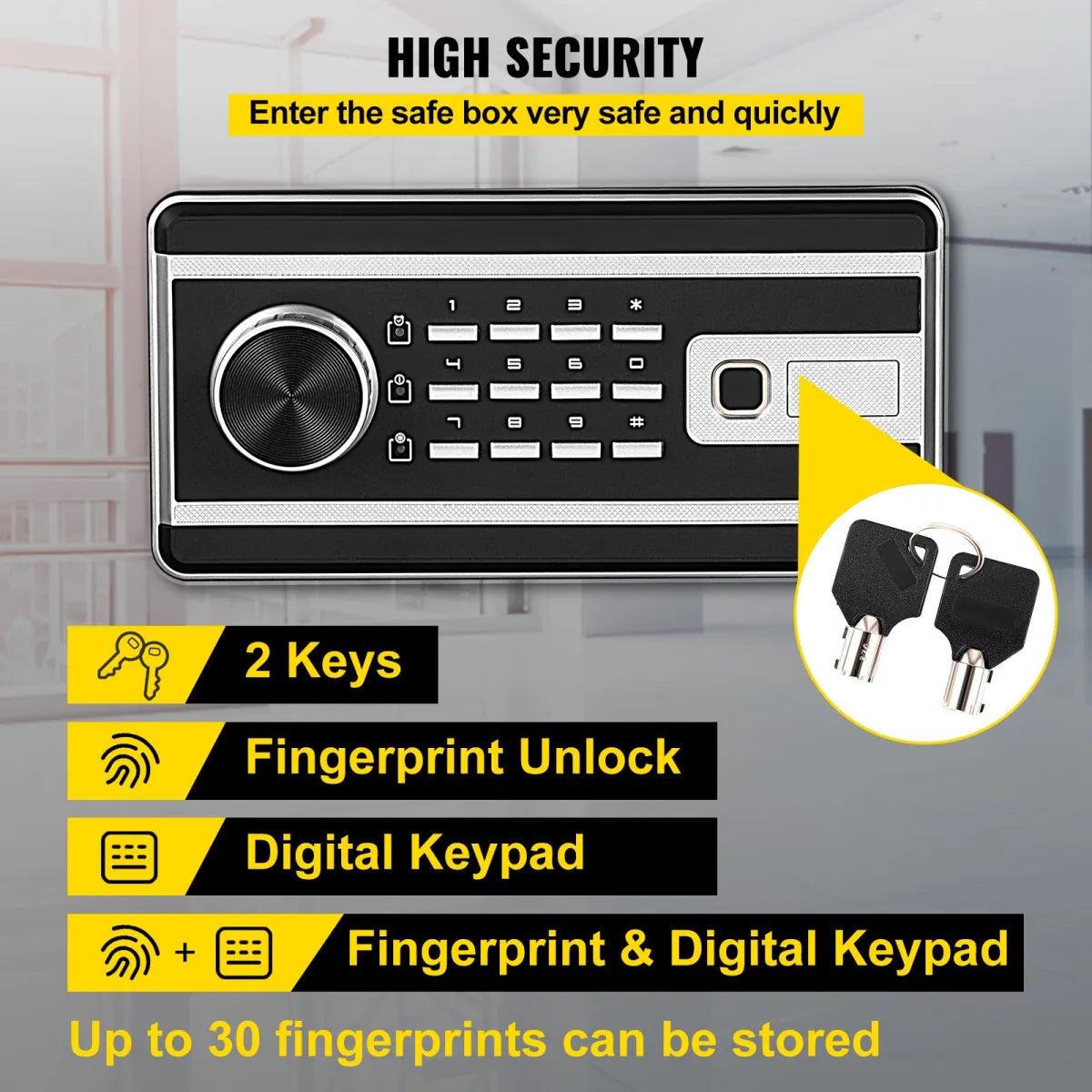 Close-up of the biometric safe's fingerprint sensor and digital keypad