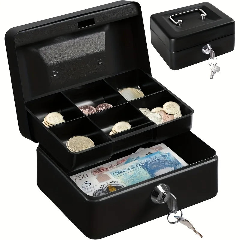 Heavy Duty Key Lock Cash Box, Quick Access Coin Bill Storage with Multi-Layer Compartments for Home Office Travel