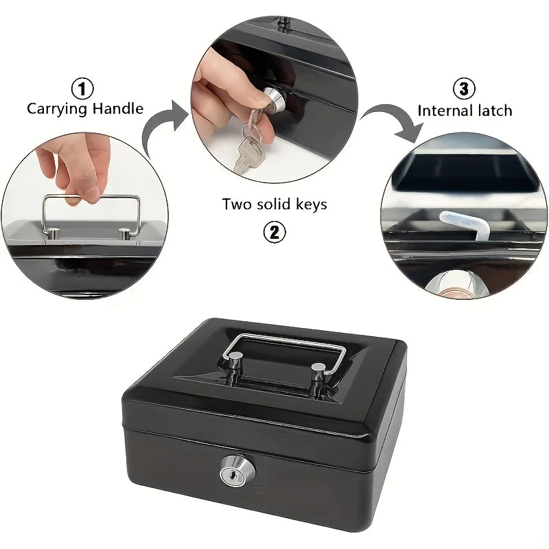 Heavy Duty Key Lock Cash Box, Quick Access Coin Bill Storage with Multi-Layer Compartments for Home Office Travel